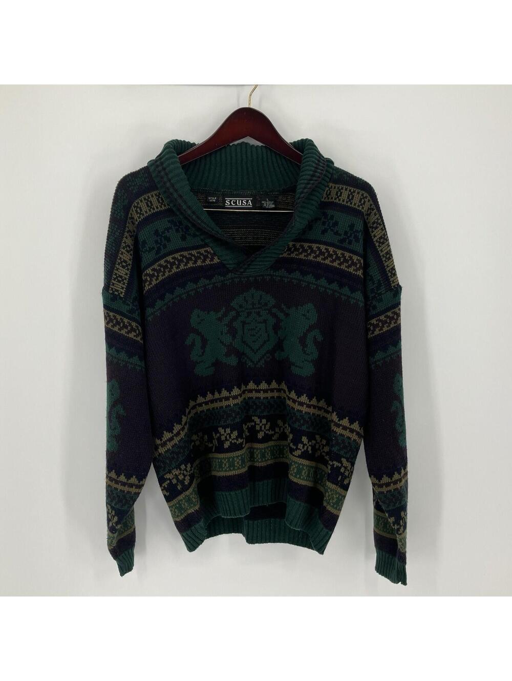 Men Large L Shawl Sweater Cardigan SCUSA Lion Shield Crest Purple Green Acrylic